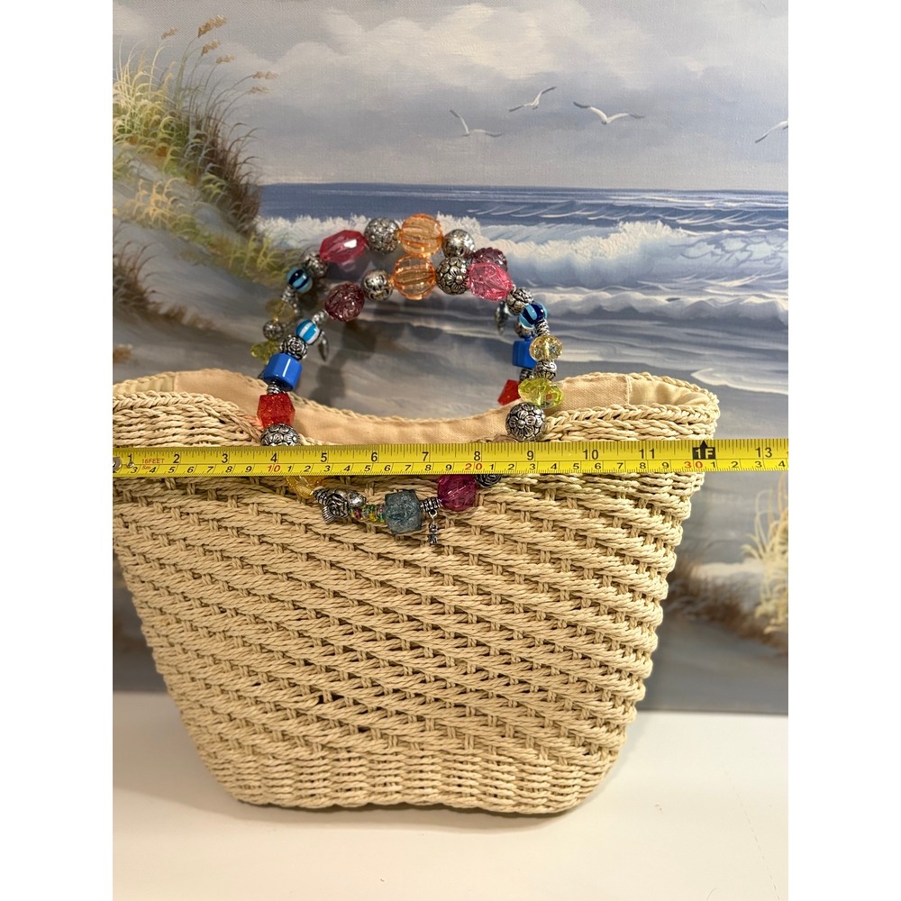 Cappelli Straworld Woven Straw Tote Beach Bag Beaded Handle Charms Tan Summer - Picture 8 of 10
